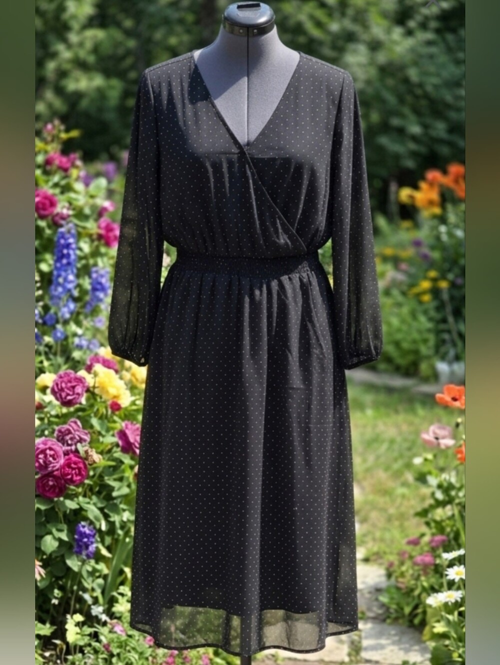 Michel Studio Black Midi Dress with White Microdots Lined